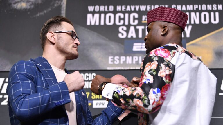 Stipe Miocic stares down Francis Ngannou during UFC 260 press conference (video)