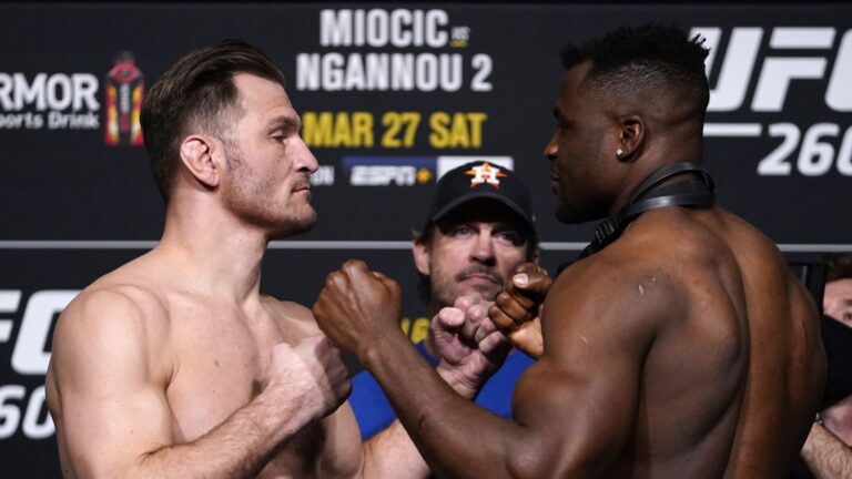 Stipe Miocic vs Francis Ngannou staredown video from UFC 260 weigh ins