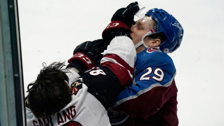 Colorado Avalanche’s Nathan MacKinnon gets misconduct penalty for throwing helmet at Arizona Coyotes’ Conor Garland
